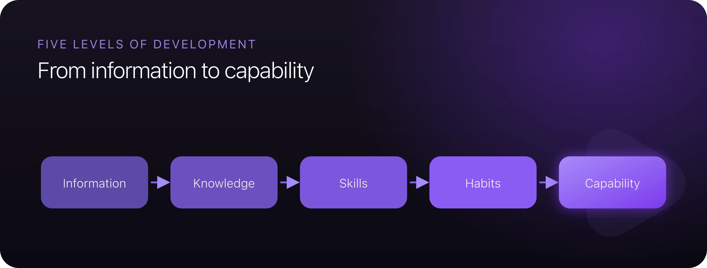 The five levels of development — information becomes knowledge, then skills, then habits, and finally capability